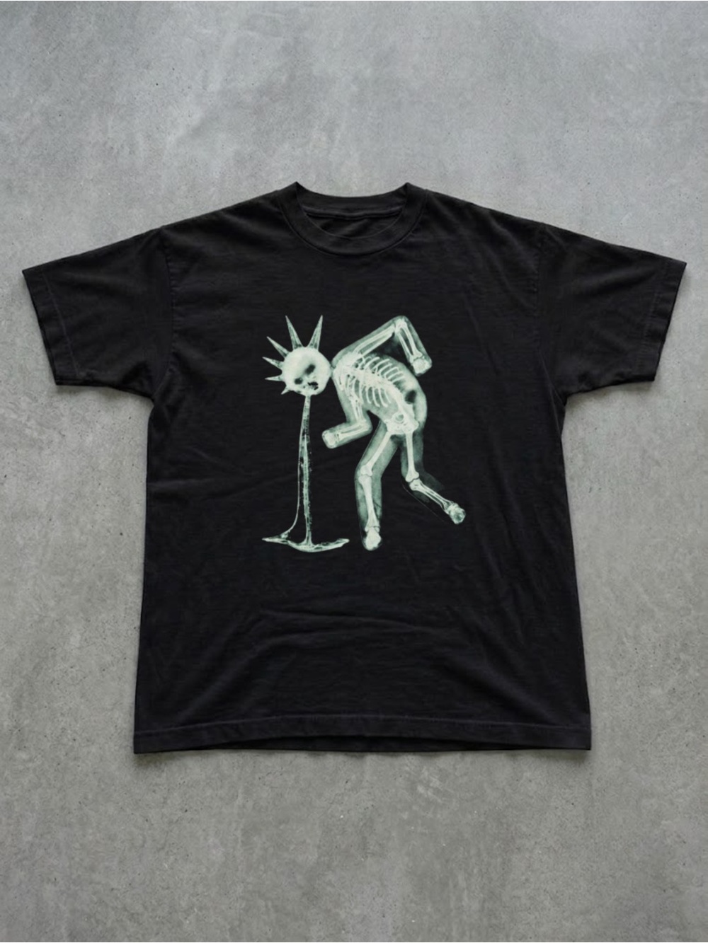 Black Funny Graphic Skeleton Tee with Mint Green Print